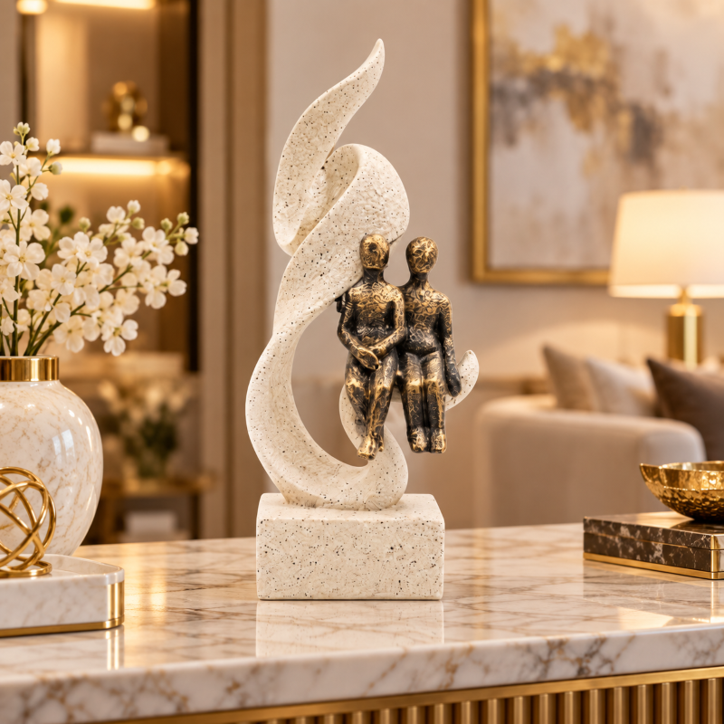 Anupam Premium Antique Gold Couple Showpiece with Abstract Ivory Sculpture | Modern Home & Office Décor