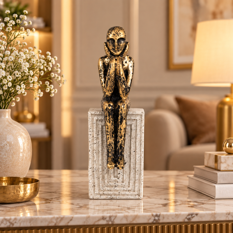 Anupam Premium Antique Gold Thinking Man Showpiece with Geometric White Base | Modern Home & Office Decor Figurine