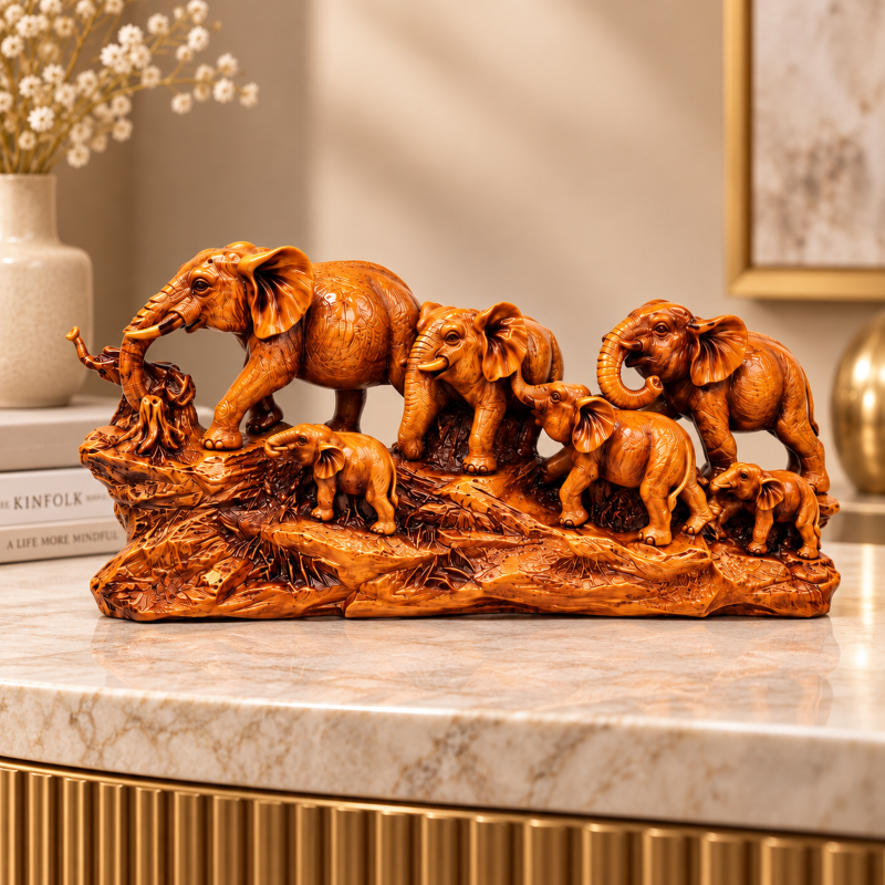 Anupam Premium Elephant Family Decorative Showpiece with Wood-Finish Look | Premium Home & Office Decor Figurine