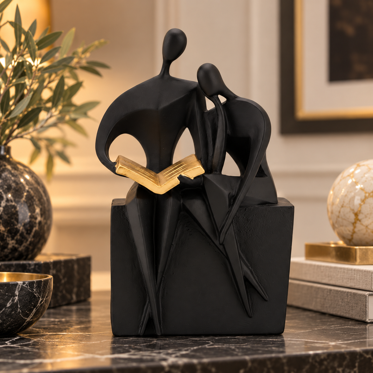 Anupam Premium Abstract Couple Reading Book Showpiece | Black & Gold Modern Home and Office Décor Figurine