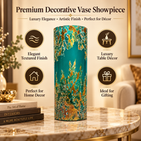 Anupam Premium Teal Green & Gold Cylindrical Decorative Vase | Premium Modern Tabletop Home Decor