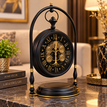 Anupam Premium Vintage Roman Numeral Table Clock with Decorative Gear Design – Black & Gold Luxury Desk Clock