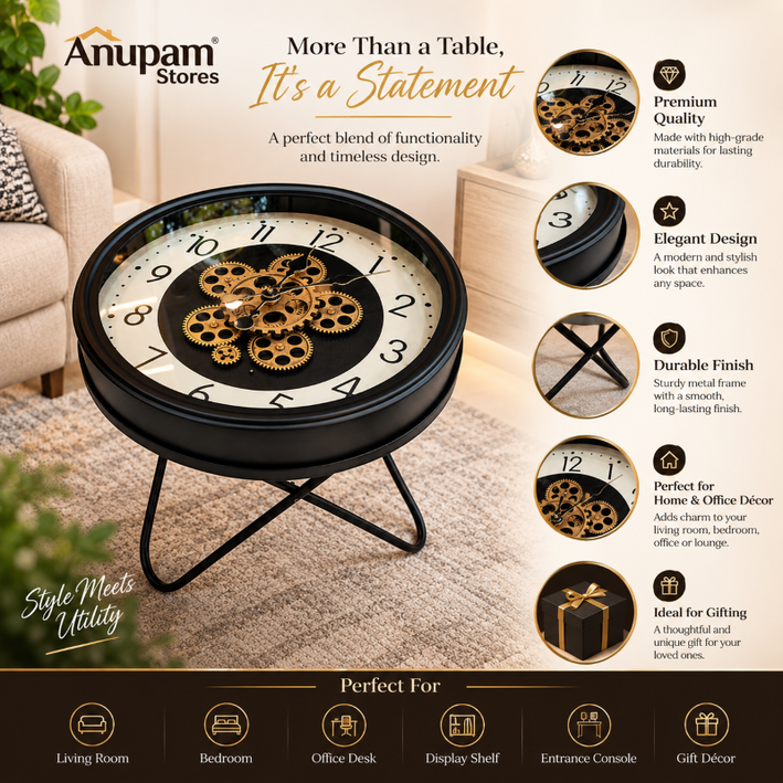 Anupam Luxury Gear Design Table Clock with Metal Stand | Premium Black & Gold Decorative Clock - Floor Clock