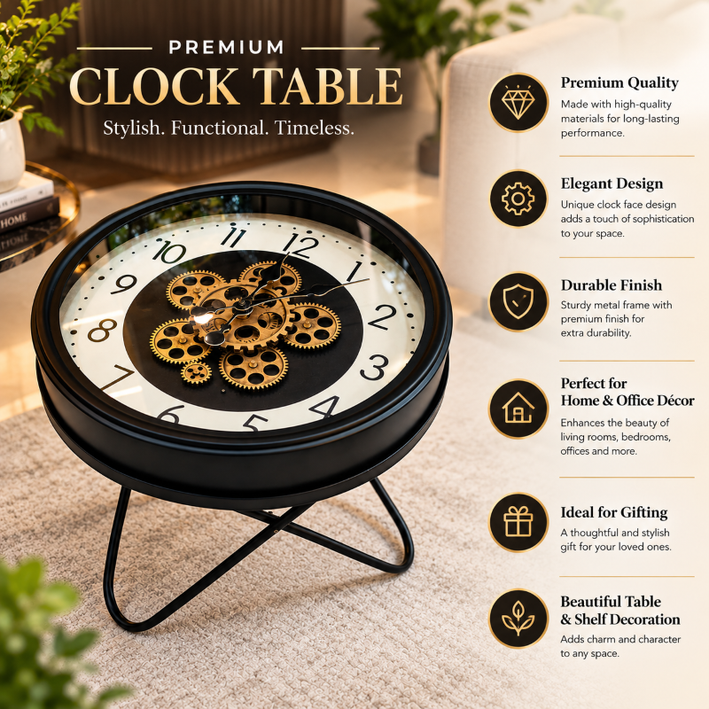Anupam Luxury Gear Design Table Clock with Metal Stand | Premium Black & Gold Decorative Clock - Floor Clock