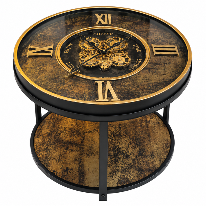 Anupam Luxury Gear Design Coffee Table Clock with Lower Shelf | Premium Black & Gold Statement Furniture