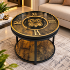 Anupam Luxury Gear Design Coffee Table Clock with Lower Shelf | Premium Black & Gold Statement Furniture