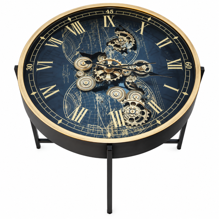 Anupam Luxury Blue & Gold Gear Design Coffee Table Clock | Premium Roman Numeral Statement Table