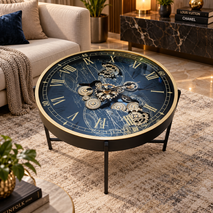 Anupam Luxury Blue & Gold Gear Design Coffee Table Clock | Premium Roman Numeral Statement Table