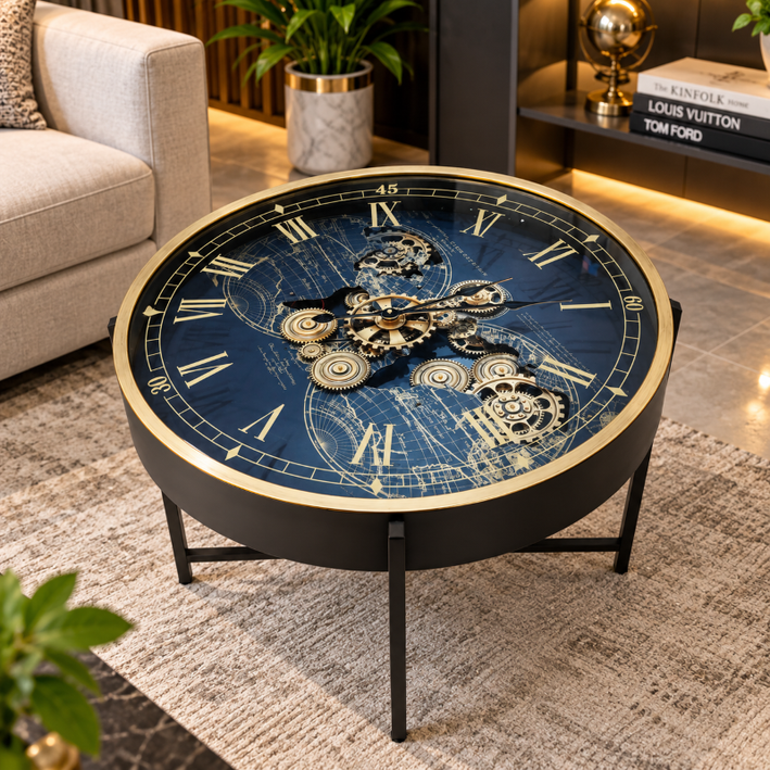 Anupam Luxury Blue & Gold Gear Design Coffee Table Clock | Premium Roman Numeral Statement Table