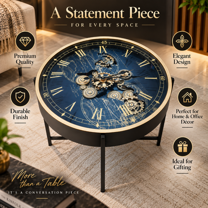 Anupam Luxury Blue & Gold Gear Design Coffee Table Clock | Premium Roman Numeral Statement Table