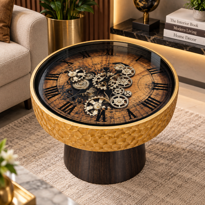 Anupam Luxury Gear Design Table Clock with Gold Textured Frame | Premium Decorative Statement Clock