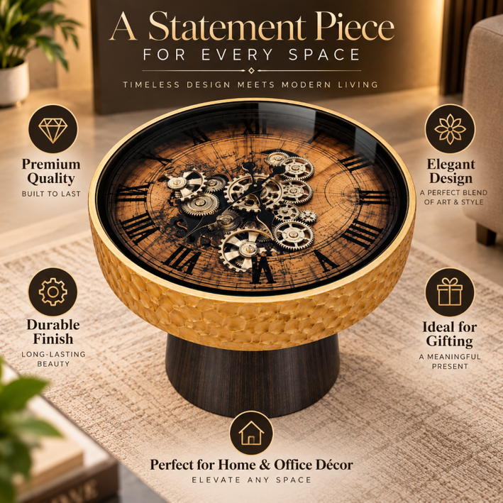 Anupam Luxury Gear Design Table Clock with Gold Textured Frame | Premium Decorative Statement Clock