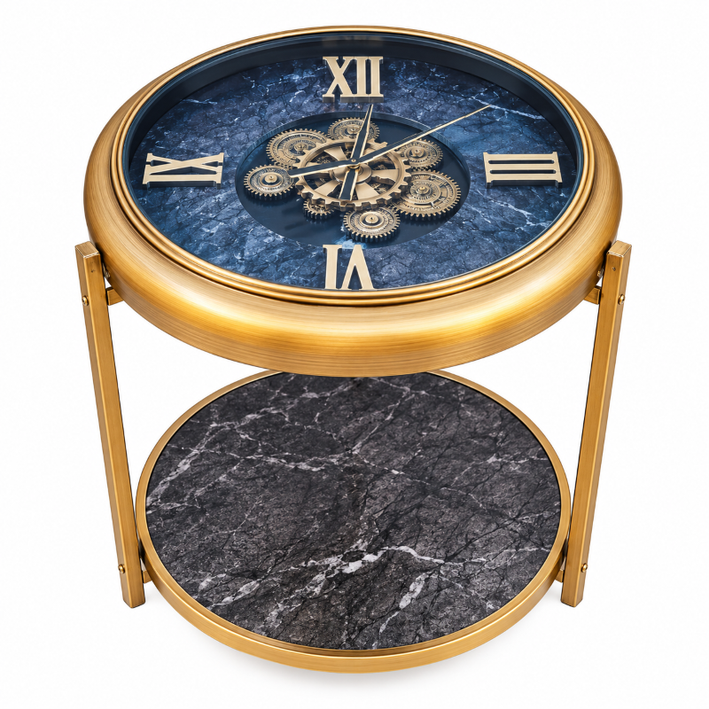 Anupam Luxury Blue & Gold Gear Design Side Table Clock with Lower Shelf | Premium Decorative Accent Table