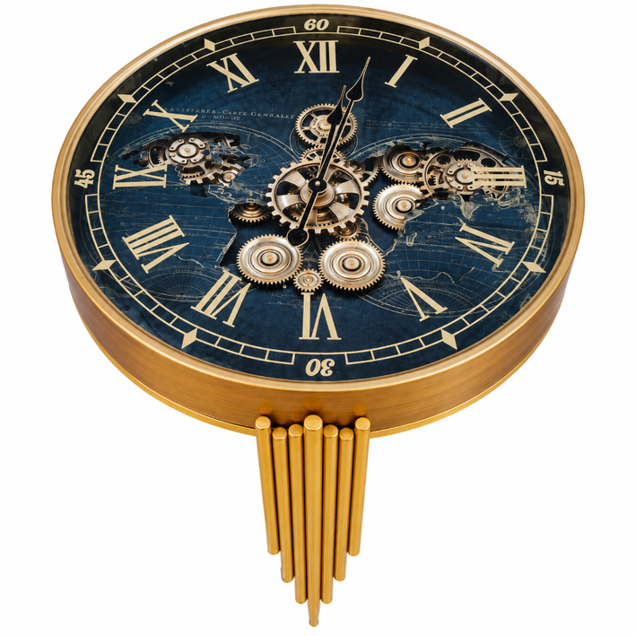 Anupam Luxury Gear Design Pendulum Wall Clock with Roman Numerals | Premium Gold & Blue Home Decor Clock