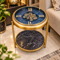 Anupam Luxury Blue & Gold Gear Design Side Table Clock with Lower Shelf | Premium Decorative Accent Table