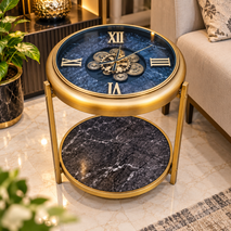 Anupam Luxury Blue & Gold Gear Design Side Table Clock with Lower Shelf | Premium Decorative Accent Table