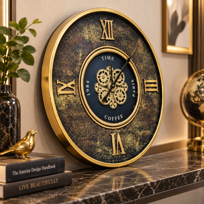Anupam Luxury Black & Gold Gear Design Wall Clock with Roman Numerals | Premium Decorative Statement Clock