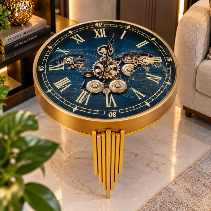 Anupam Luxury Gear Design Pendulum Wall Clock with Roman Numerals | Premium Gold & Blue Home Decor Clock