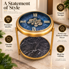Anupam Luxury Blue & Gold Gear Design Side Table Clock with Lower Shelf | Premium Decorative Accent Table