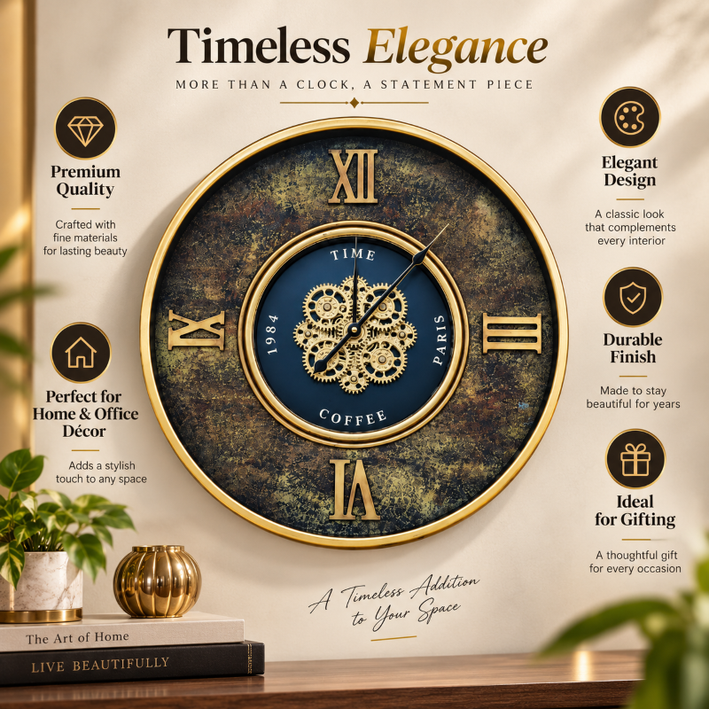 Anupam Luxury Black & Gold Gear Design Wall Clock with Roman Numerals | Premium Decorative Statement Clock