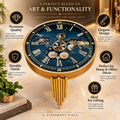 Anupam Luxury Blue & Gold Gear Design Side Table Clock with Lower Shelf | Premium Decorative Accent Table