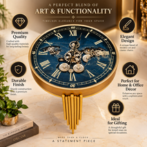 Anupam Luxury Blue & Gold Gear Design Side Table Clock with Lower Shelf | Premium Decorative Accent Table