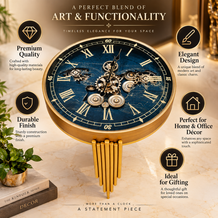 Anupam Luxury Blue & Gold Gear Design Side Table Clock with Lower Shelf | Premium Decorative Accent Table