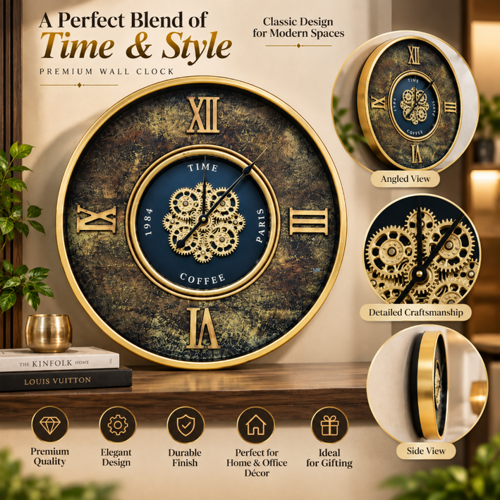 Anupam Luxury Black & Gold Gear Design Wall Clock with Roman Numerals | Premium Decorative Statement Clock