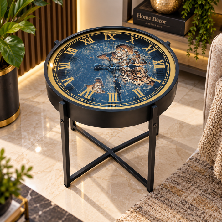 Anupam Luxury Blue & Gold Gear Design Table Clock with Roman Numerals | Premium Metal Stand Clock