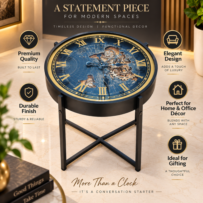 Anupam Luxury Blue & Gold Gear Design Table Clock with Roman Numerals | Premium Metal Stand Clock