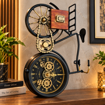 Anupam Vintage Bicycle Gear Table Clock – Black & Gold Industrial Decorative Clock for Home & Office Decor