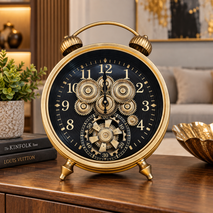 Anupam Premium Antique Gold Gear Table Clock – Vintage Twin Bell Decorative Clock for Home & Office Decor