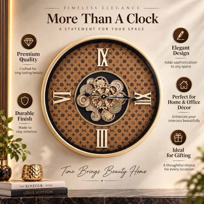 Anupam Luxury Gold Gear Design Wall Clock with Roman Numerals | Premium Brown Pattern Decorative Clock