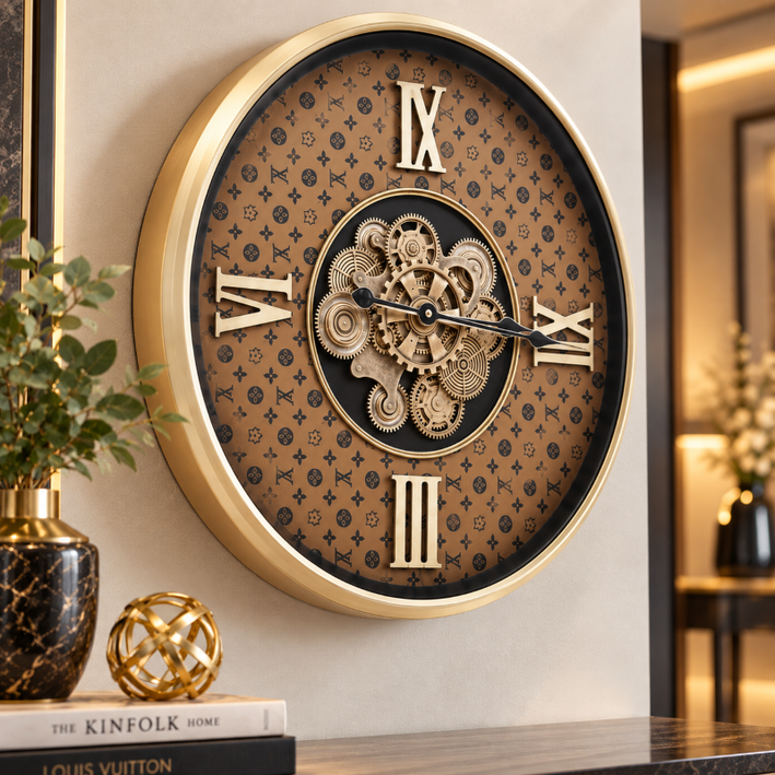 Anupam Luxury Gold Gear Design Wall Clock with Roman Numerals | Premium Brown Pattern Decorative Clock