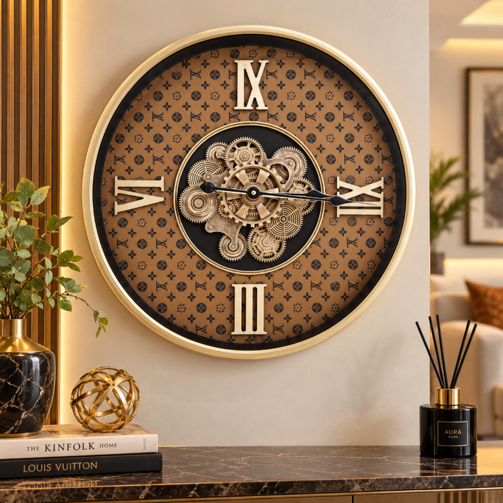 Anupam Luxury Gold Gear Design Wall Clock with Roman Numerals | Premium Brown Pattern Decorative Clock