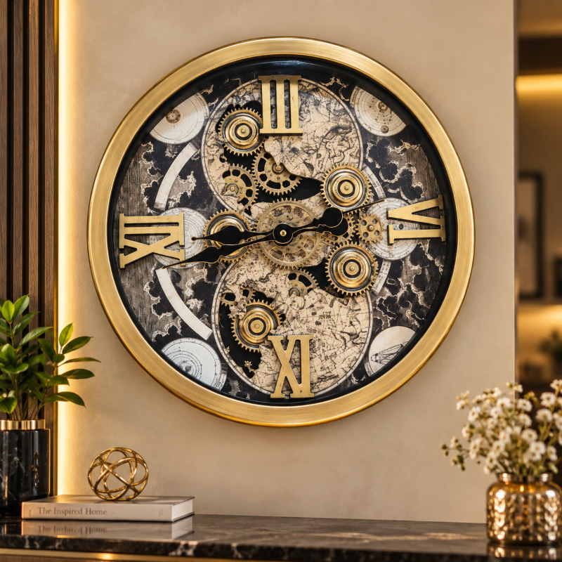 Anupam Premium Luxury Gold Gear Design Wall Clock with Roman Numerals | Premium Vintage Decorative Clock