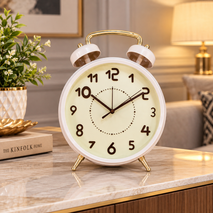 Anupam Premium White & Gold Twin Bell Table Clock – Elegant Vintage Alarm Clock for Home & Office Décor