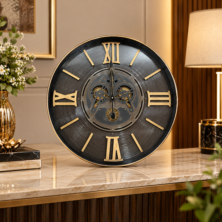 Anupam Luxury Black & Gold Roman Numeral Table Clock with Gear Design | Premium Decorative Clock