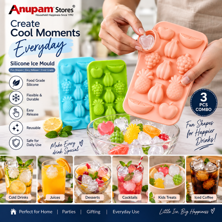 Anupam 3 Pcs Silicone Fruit Shape Ice Maker Set – Food Grade Reusable Ice Cube Tray for Drinks, Juices & Chocolates