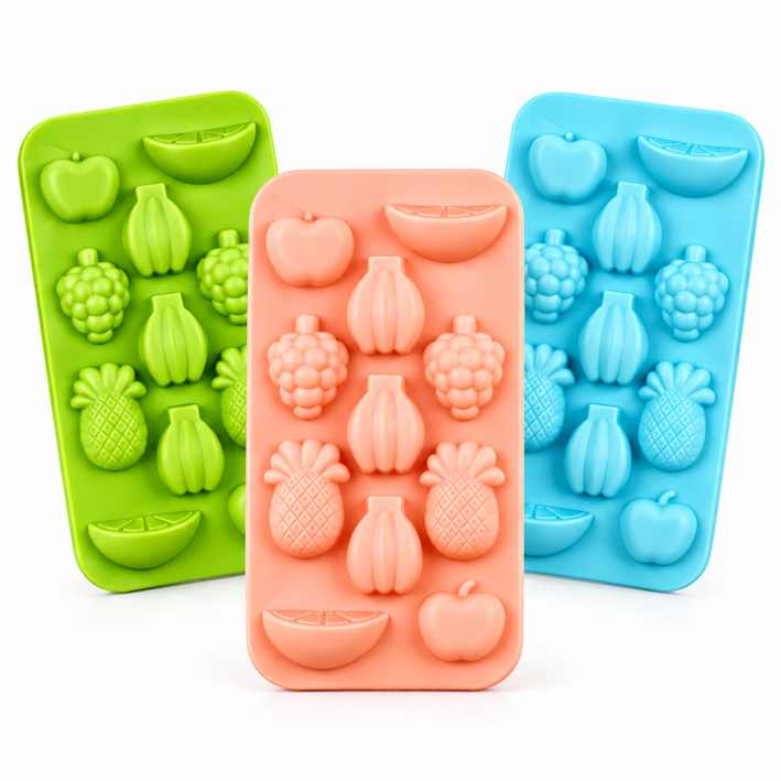 Anupam 3 Pcs Silicone Fruit Shape Ice Maker Set – Food Grade Reusable Ice Cube Tray for Drinks, Juices & Chocolates