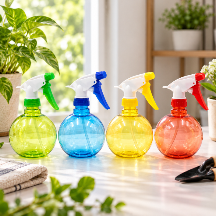 Anupam Pregents Multipurpose Round Trigger Spray Bottles Set – Refillable Plastic Water Sprayer for Plants, Cleaning & Household Use (4Pc. Set)