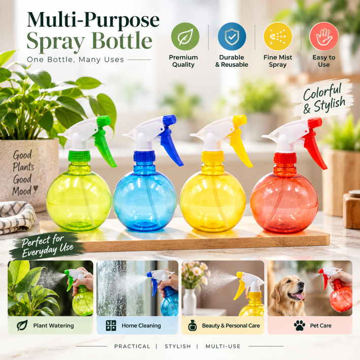 Anupam Pregents Multipurpose Round Trigger Spray Bottles Set – Refillable Plastic Water Sprayer for Plants, Cleaning & Household Use (4Pc. Set)