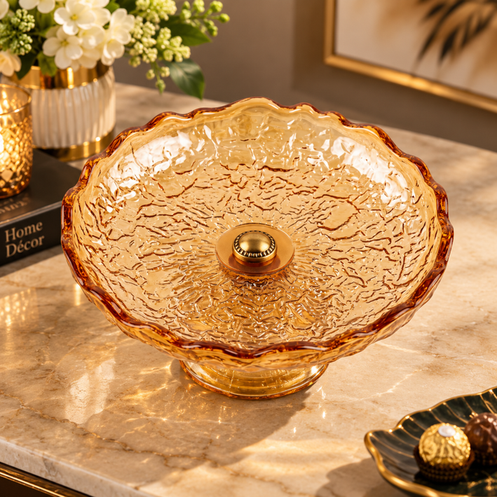 Anupam Premium Amber Textured Glass Decorative Bowl with Golden Accent | Elegant Serving & Home Décor Bowl