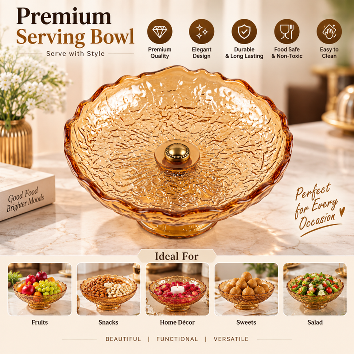 Anupam Premium Amber Textured Glass Decorative Bowl with Golden Accent | Elegant Serving & Home Décor Bowl