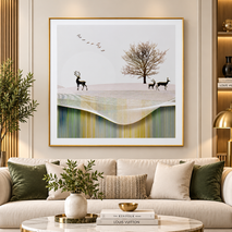 Anupam Premium 3D Embossed Deer Landscape Golden Metal Framed Painting | Wall Paintings Photo Frame for Home Decor Gift Items– 31 x 31 Inch