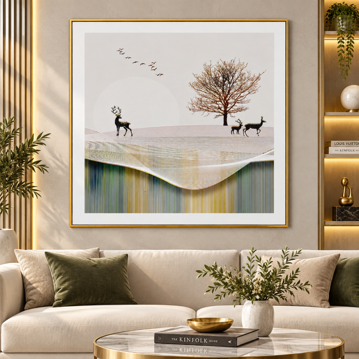 Anupam Premium 3D Embossed Deer Landscape Golden Metal Framed Painting | Wall Paintings Photo Frame for Home Decor Gift Items– 31 x 31 Inch