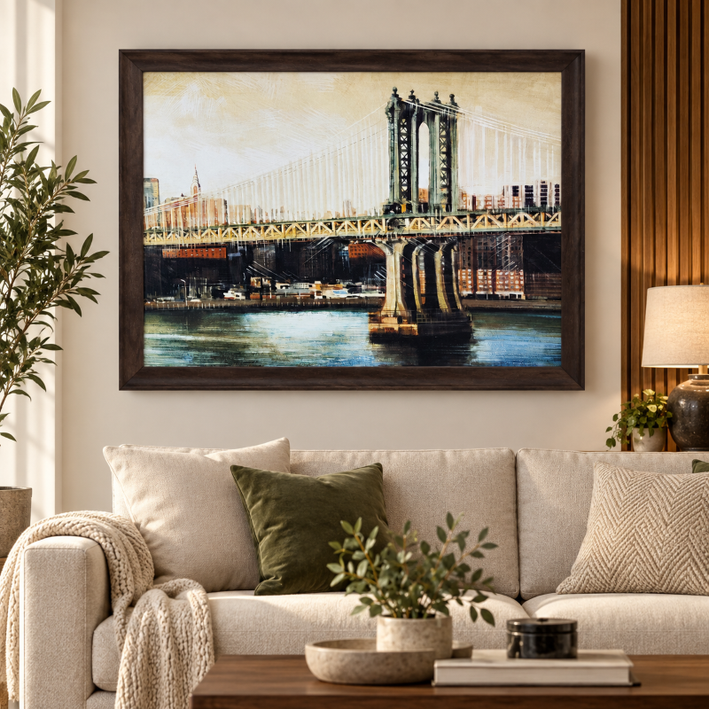 Anupam Premium New York Suspension Bridge UV Textured Wooden Framed Wall Painting – Urban Cityscape Artwork, 31 × 23 Inch
