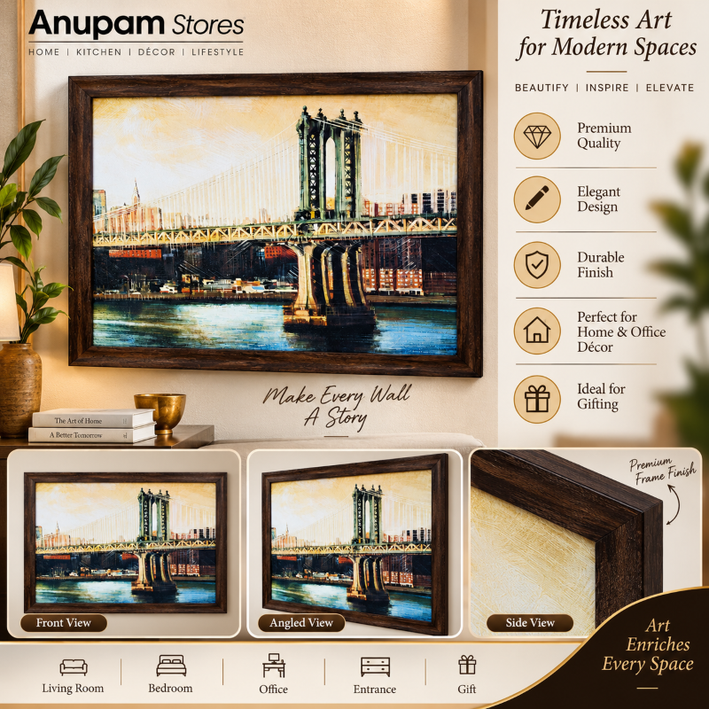 Anupam Premium New York Suspension Bridge UV Textured Wooden Framed Wall Painting – Urban Cityscape Artwork, 31 × 23 Inch