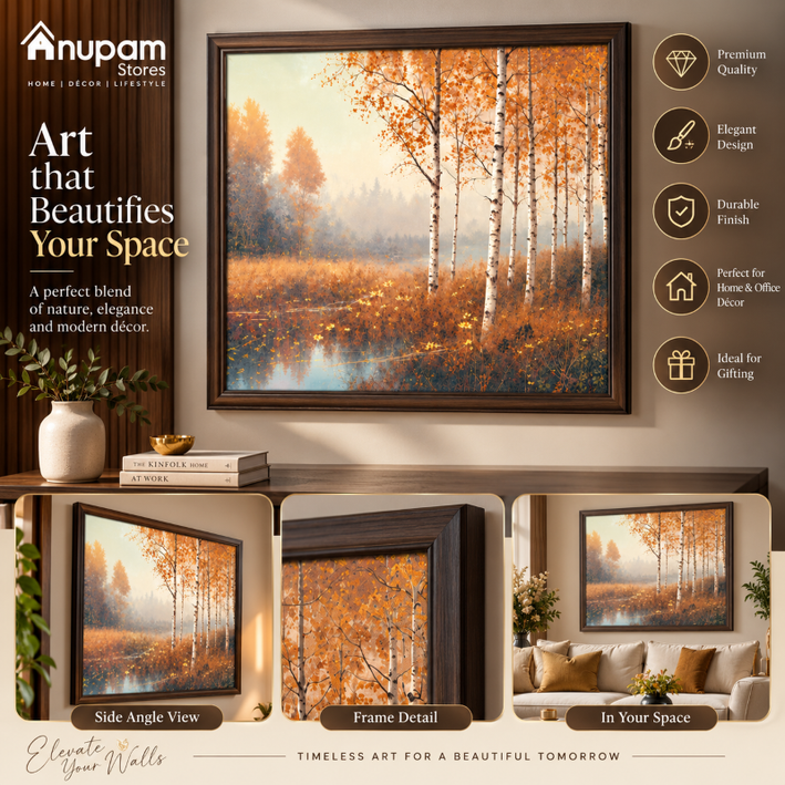 Anupam Premium Autumn Birch Forest UV Textured Wooden Framed Wall Painting – Orange Nature Artwork, 31 × 23 Inch