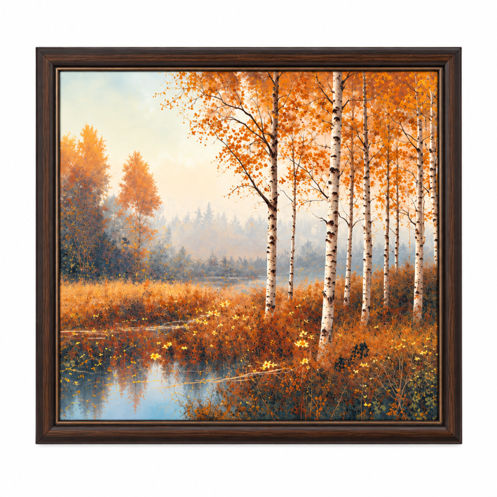 Anupam Premium Autumn Birch Forest UV Textured Wooden Framed Wall Painting – Orange Nature Artwork, 31 × 23 Inch